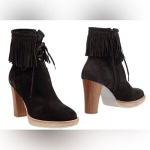 Dark brown suede fringe boots